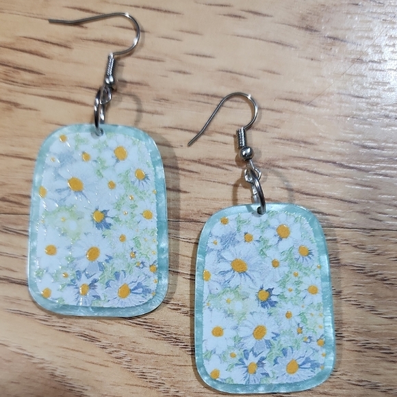 Floral Patterned Resin Earrings with Silver Hooks Handmade With Love - Picture 1 of 3